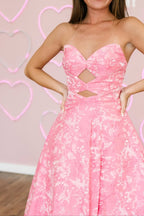 A Line Sweetheart Floral Printed Satin Long Pink Prom Dresses