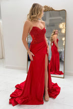 Mermaid Satin Strapless Sweetheart Red Appliques Long Prom Dress