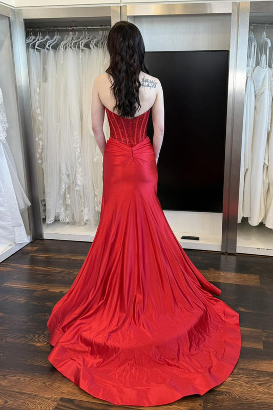 Robes de bal longues en satin rouge sirène chérie