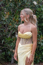 Mermaid Straps Satin Slit Yellow Prom Dresses