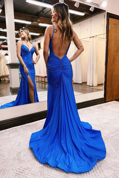 Royal Blue Beaded Mermaid V Neck Long Prom Dresses,BD93185