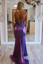 Sparkly Mermaid V Neck Purple Metallic Satin Prom Dresses