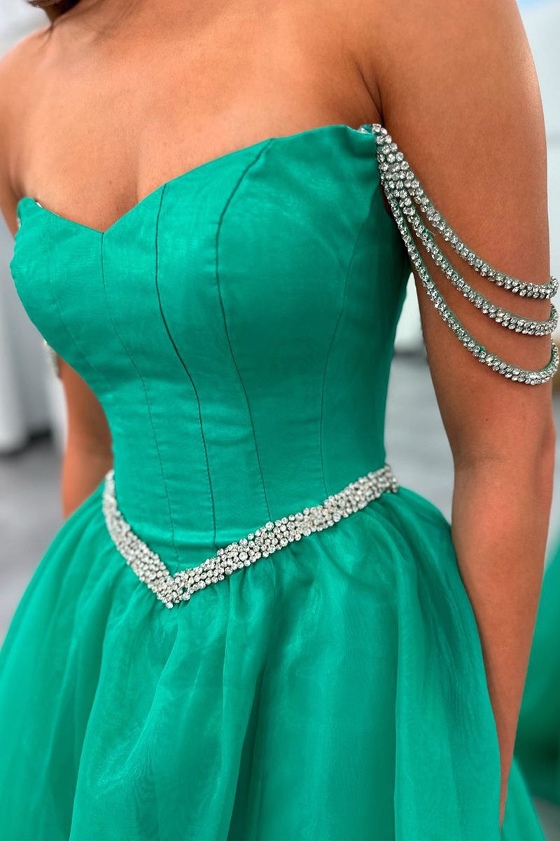 Green Strapless Beaded Straps Organza Long Prom Dresses