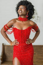 Mermaid Off the Shoulder Red Sequins Long Prom Dresses