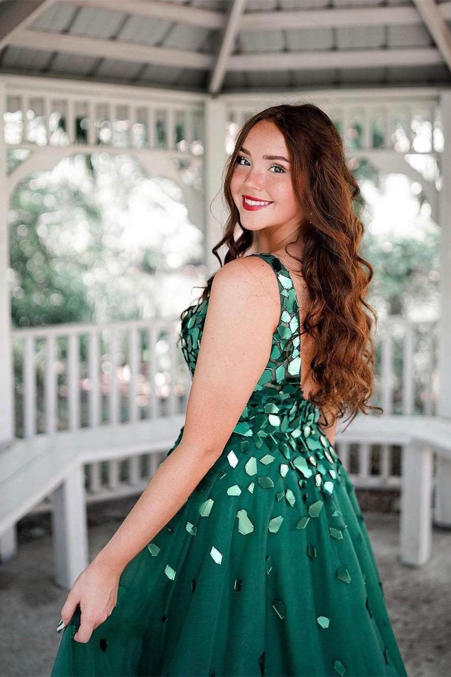 A-Line Green V-Neck Sequins Long Prom Dress Emerald / 2 A-Line Green V-Neck Sequins Long Prom Dress Emerald / 2