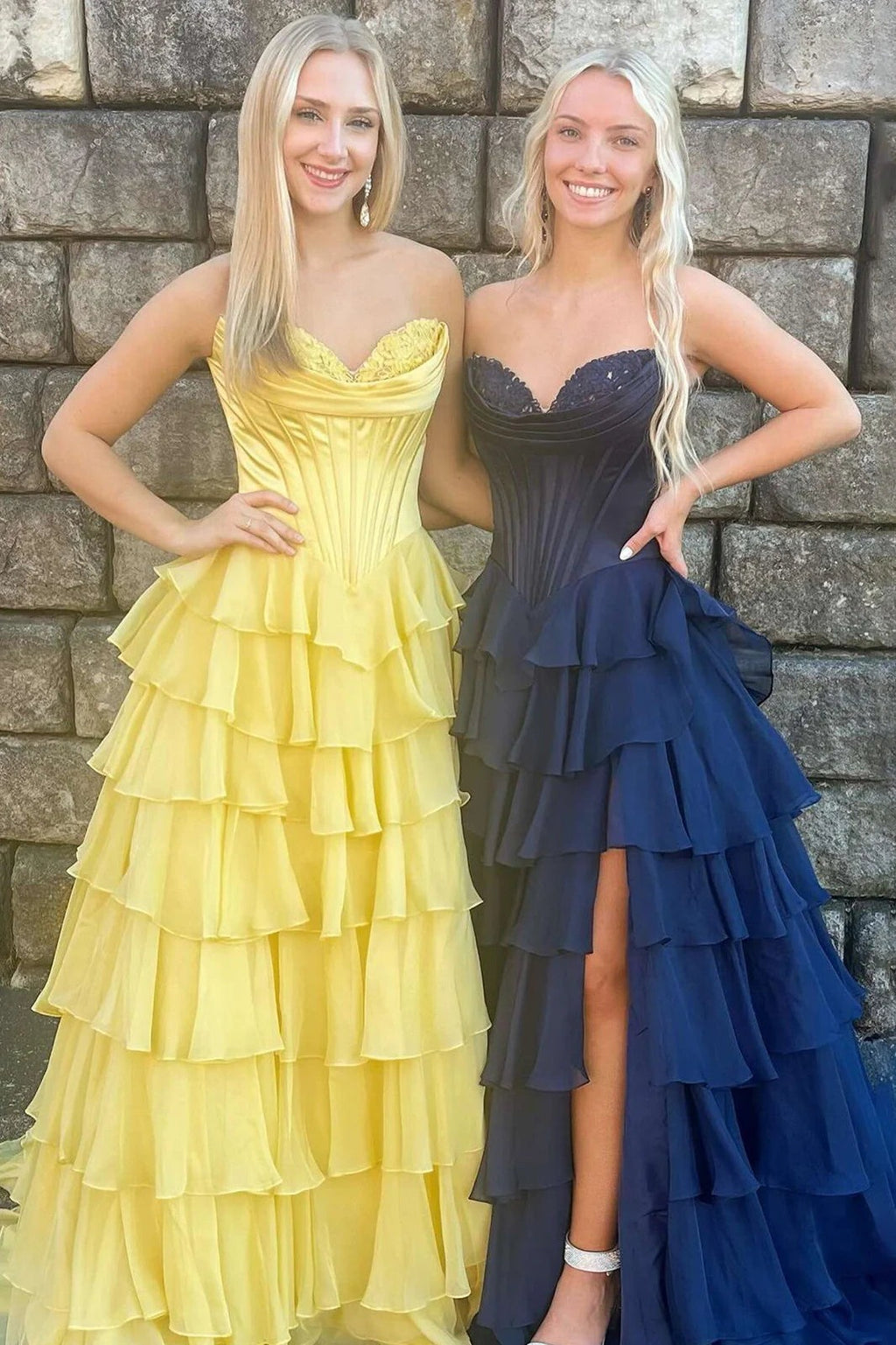 Yellow A-Line Sweetheart Long Tiered Prom Dresses