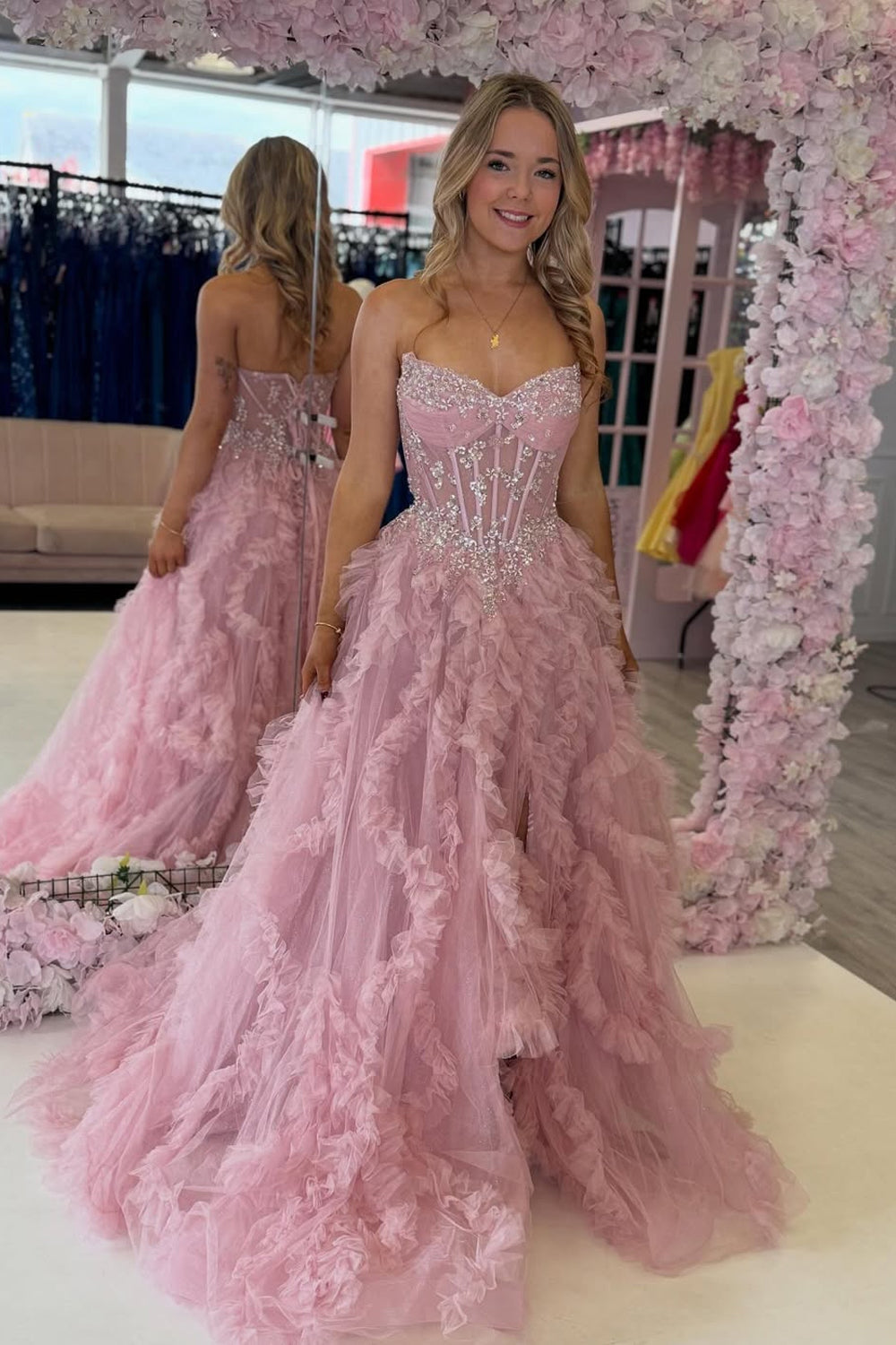 A Line V Neck Blush Pink Tulle Tiered Long Prom Dresses