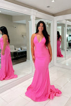 Mermaid V Neck Fuchsia Pink Satin Long Prom Dresses