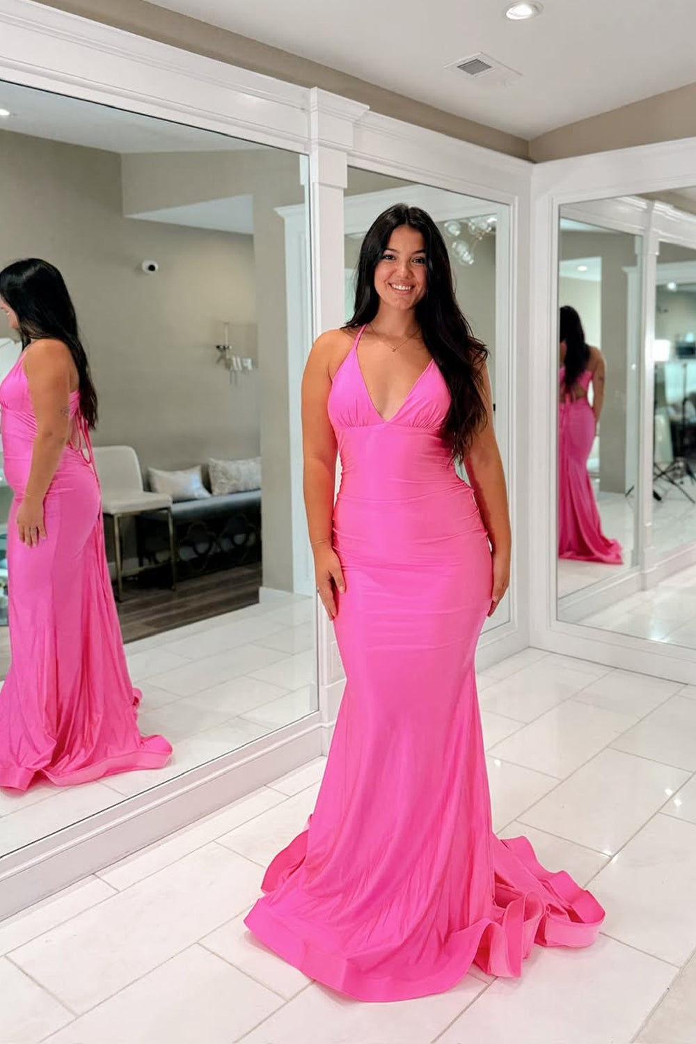 Mermaid V Neck Fuchsia Pink Satin Long Prom Dresses