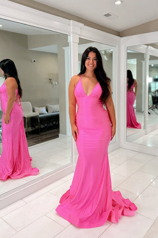 Robes de bal longues en satin fuchsia col en V sirène