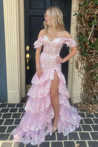 Pink Off the Shoulder Tiered Sequin Tulle Mermaid Long Prom Dresses,BD93215