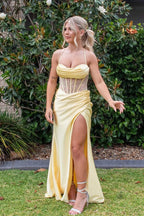 Mermaid Straps Satin Slit Yellow Prom Dresses