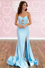 Mermaid Sweetheart Light Blue Satin Prom Dresses