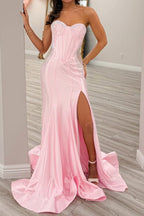 Mermaid Sweetheart Pink Satin Beaded Long Prom Dress