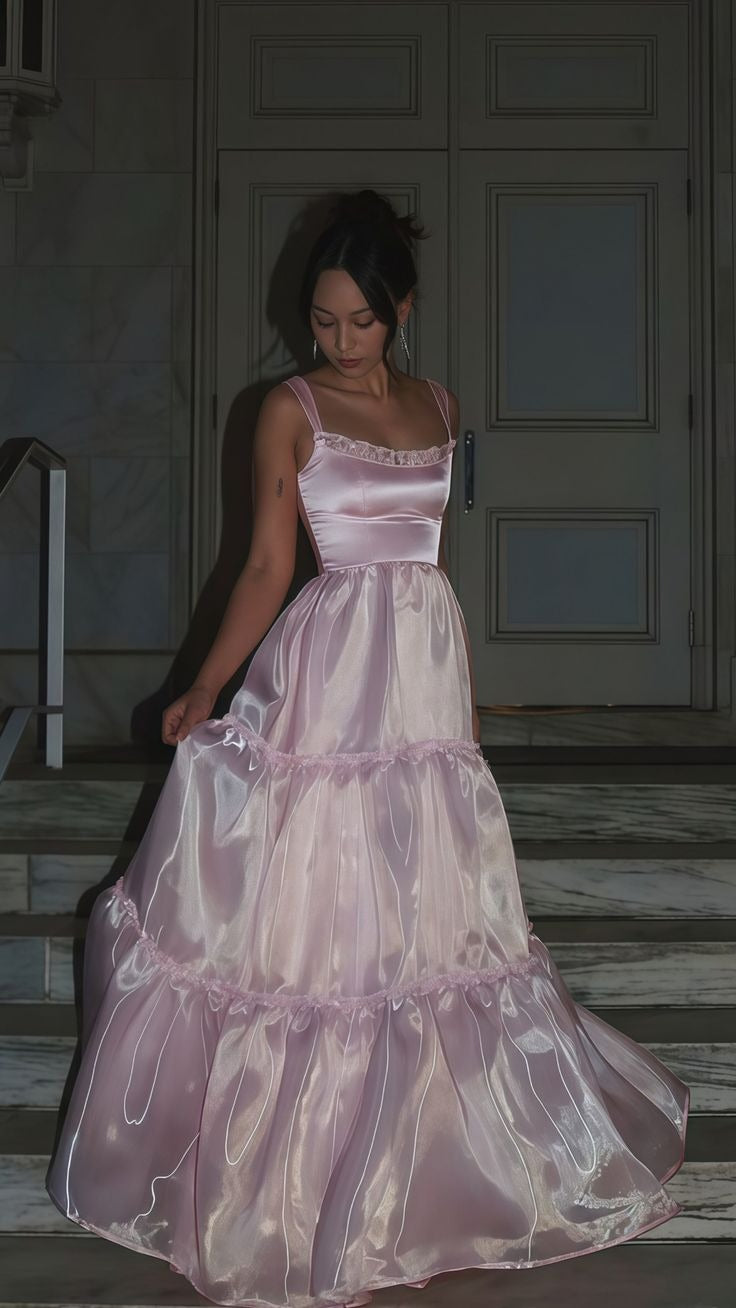 A Line Spaghetti Straps Pink Long Ougensha Prom Dresses