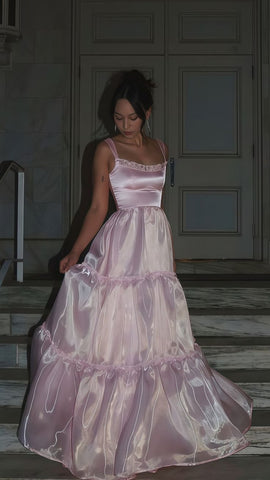 A Line Spaghetti Straps Pink Long Ougensha Prom Dresses