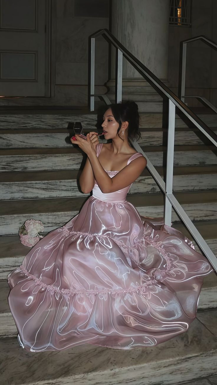 A Line Spaghetti Straps Pink Long Ougensha Prom Dresses