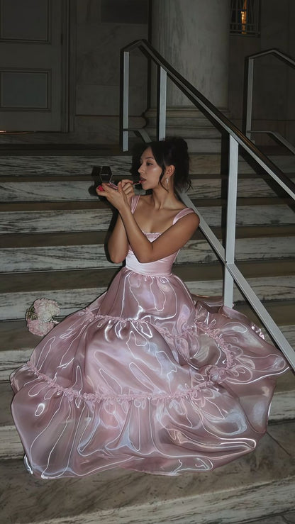 Robes de bal Ougensha longues roses en ligne A à fines bretelles