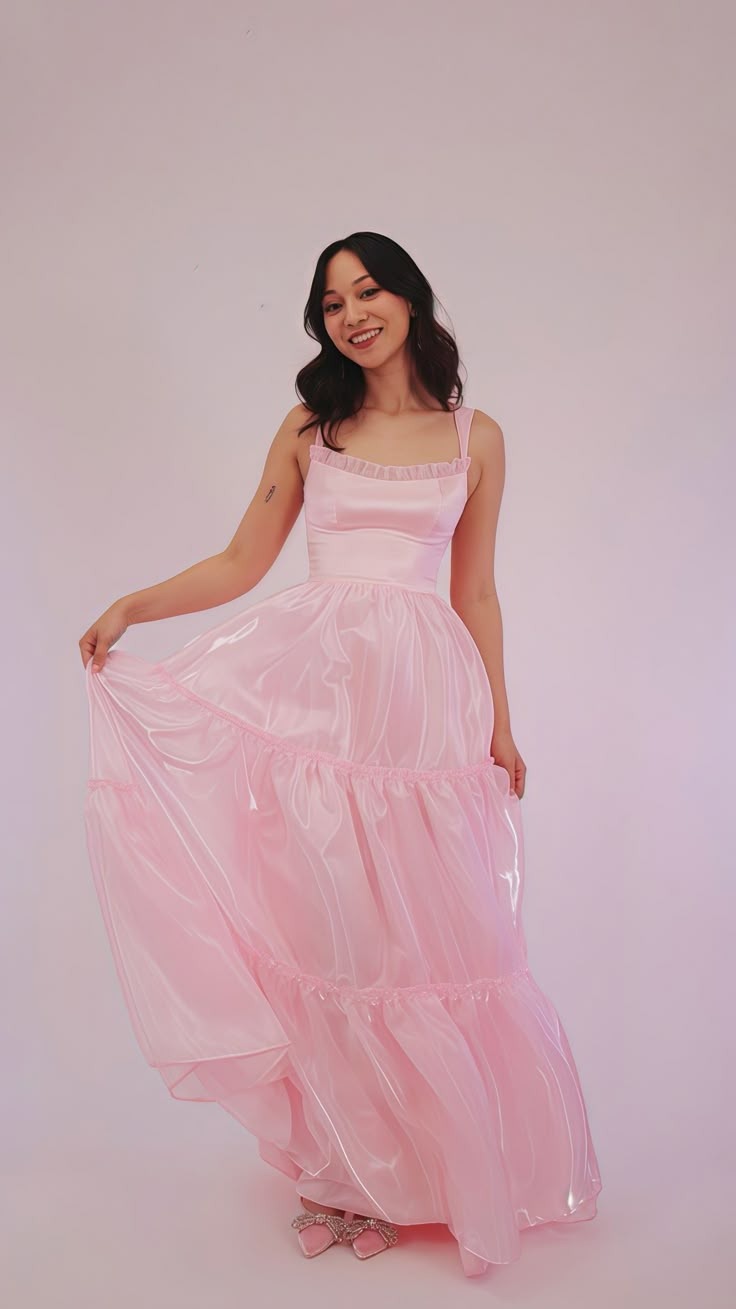 A Line Spaghetti Straps Pink Long Ougensha Prom Dresses