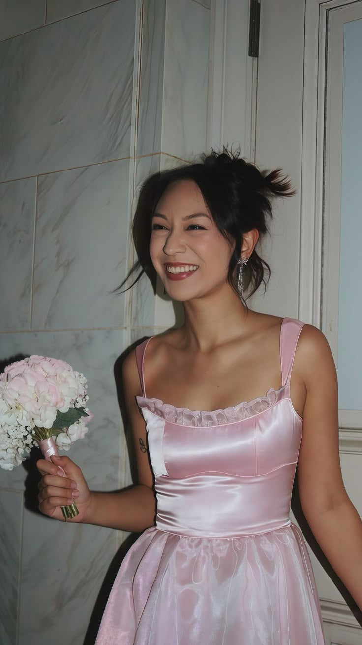 A Line Spaghetti Straps Pink Long Ougensha Prom Dresses