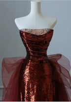 Burgundy Mermaid Sequins Tulle Strapless Prom Dresses