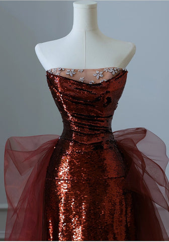 Burgundy Mermaid Sequins Tulle Strapless Prom Dresses