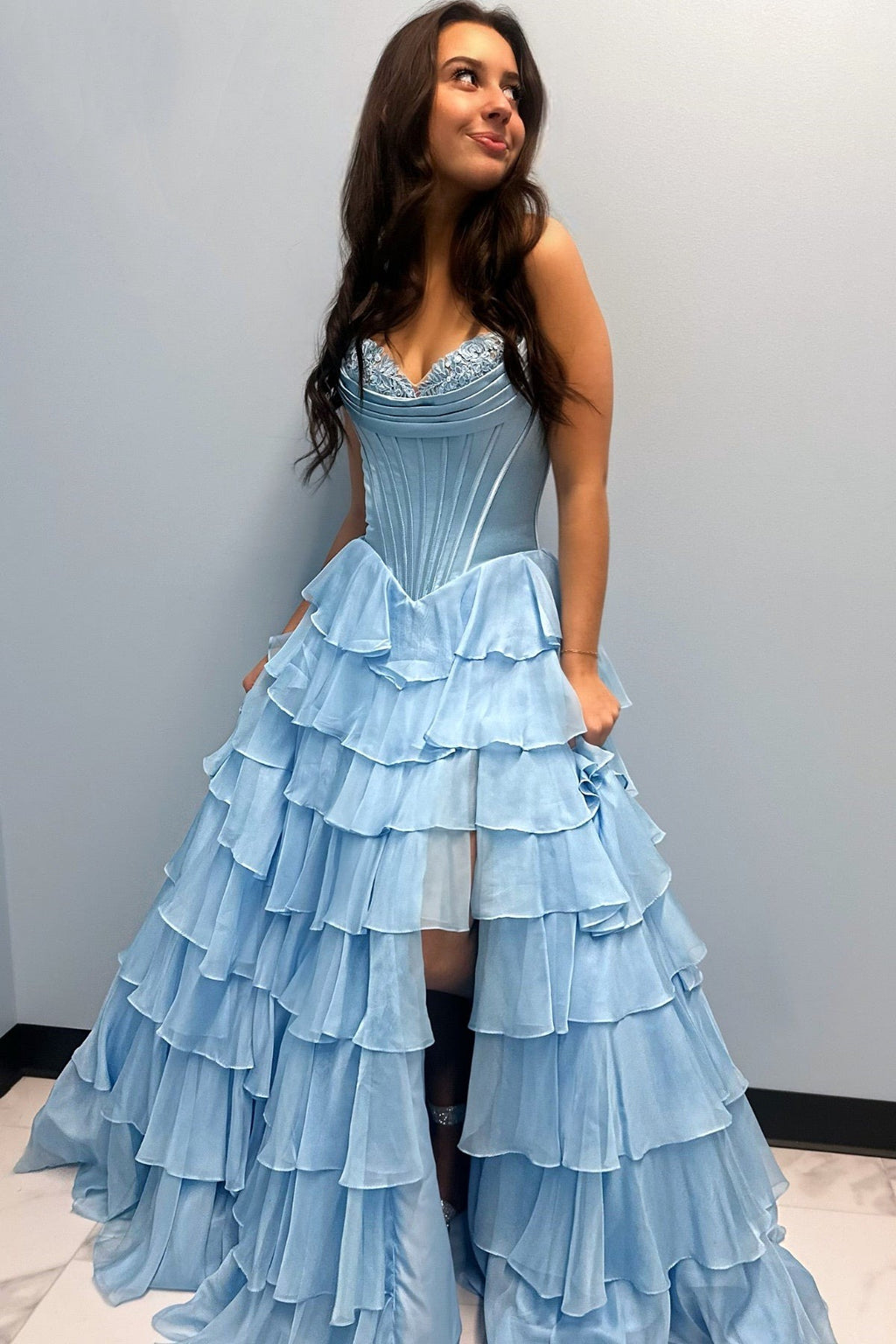 Yellow A-Line Sweetheart Long Tiered Prom Dresses