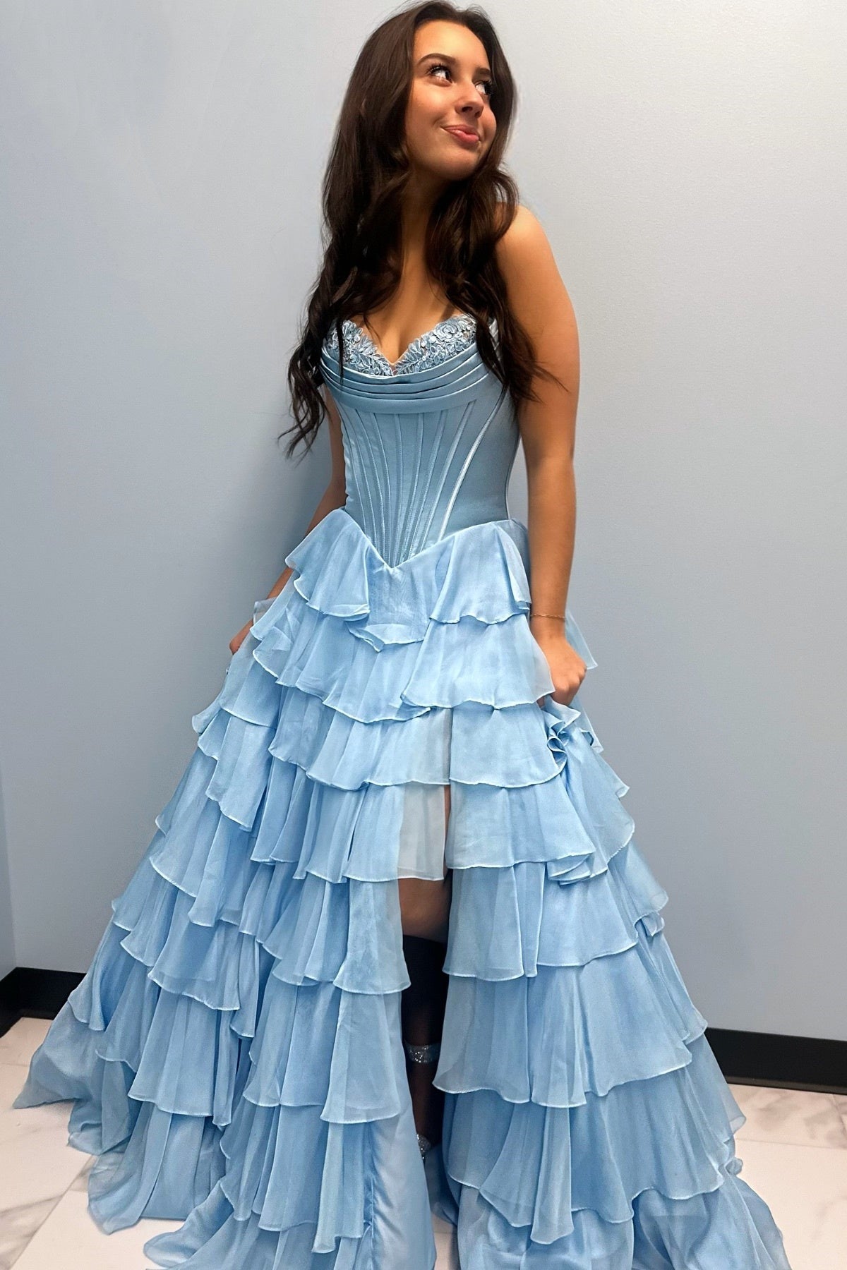 Yellow A-Line Sweetheart Long Tiered Prom Dresses