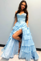 Yellow A-Line Sweetheart Long Tiered Prom Dresses