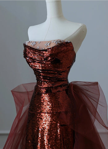 Burgundy Mermaid Sequins Tulle Strapless Prom Dresses