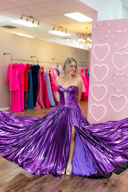 A Line Sweetheart Keyhole Metallic Satin Slit Prom Dresses