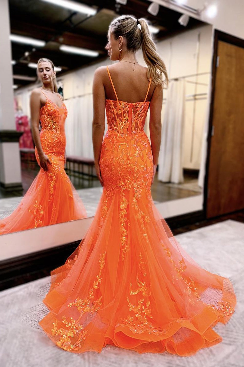 Mermaid V Neck Straps Orange Sequins with Tulle Long Prom Dresses