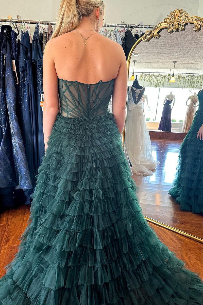 Dark Green Ruffle Tiered Tulle Strapless Long Prom Dresses Pic Color / US2 Dark Green Ruffle Tiered Tulle Strapless Long Prom Dresses Pic Color / US2