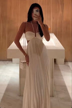 Hot A Line Chiffon Halter Neck Long White Prom Dresses