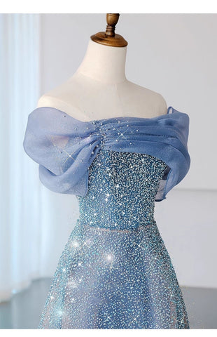 Blue Tulle Sequins Off the Shoulder Pleats A Line Prom Dresses