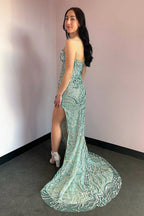 Mermaid V Neck Mint Sequin Lace Long Prom Dresses