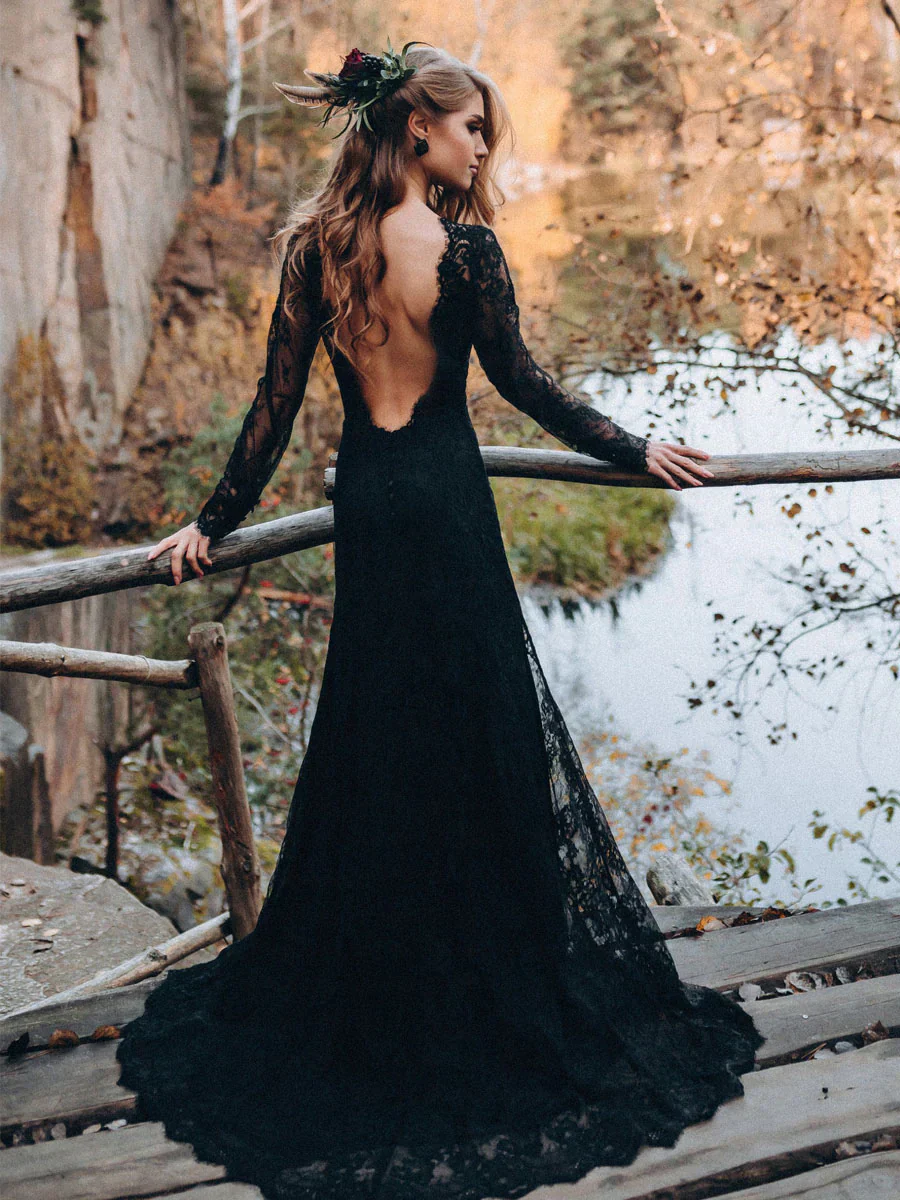 backless wedding dress with lace Black Sweetheart Long Sleeves prom dresses,Lace Backless Wedding Dress – luladress