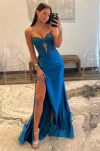 Navy Blue Sweetheart Mermaid Long Satin Prom Dresses