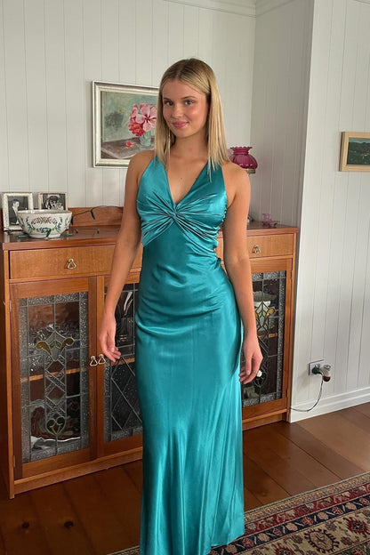Robe de soirée sirène longue jaune dos nu avec col halter