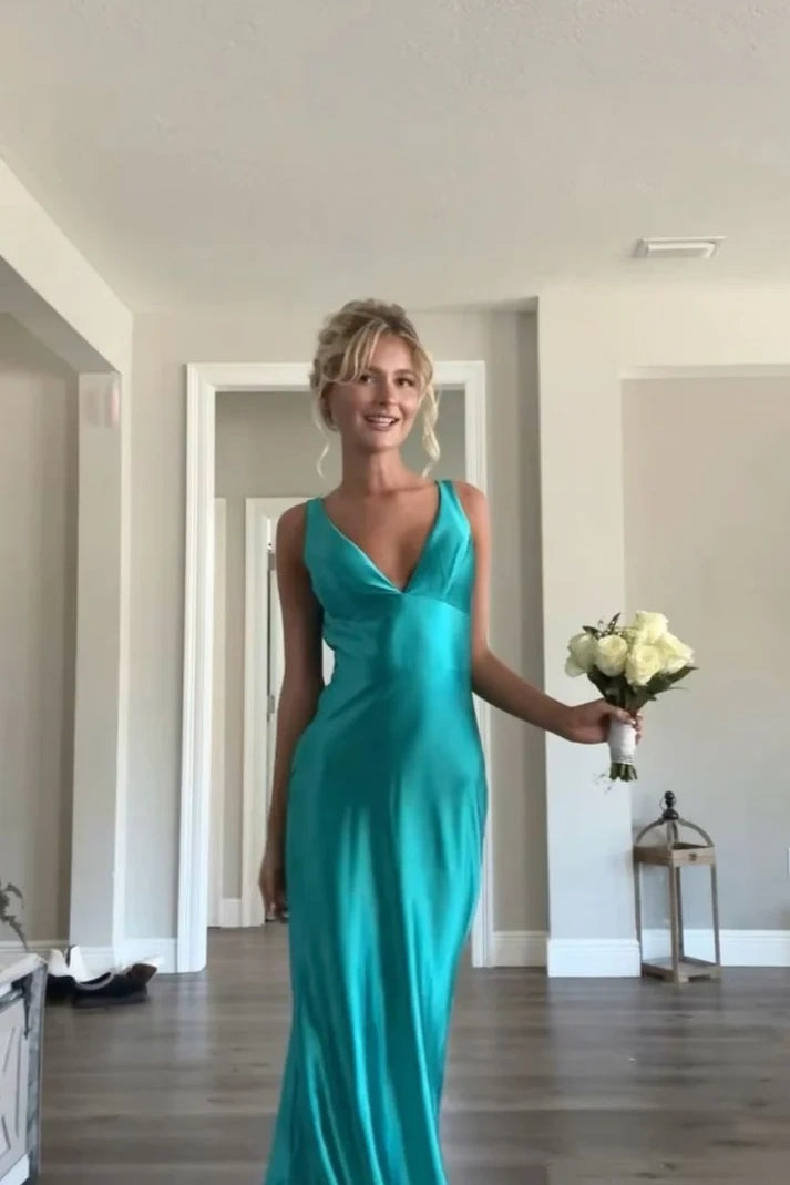 Simple Mermaid V Neck Green Satin Long Prom Dresses luladress Simple Mermaid V Neck Green Satin Long Prom Dresses luladress
