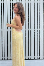 Stylish Sheath Spaghetti Straps Yellow Sequins Mermaid Long Prom Dress