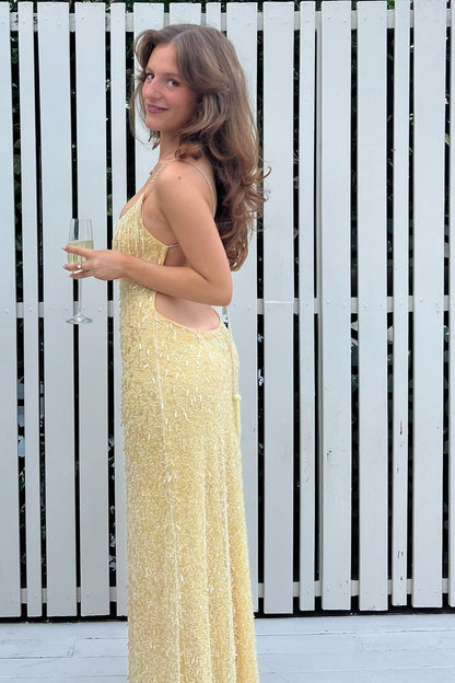 Élégante Robe de Bal Longue Sirène Jaune à Paillettes avec Bretelles Fines