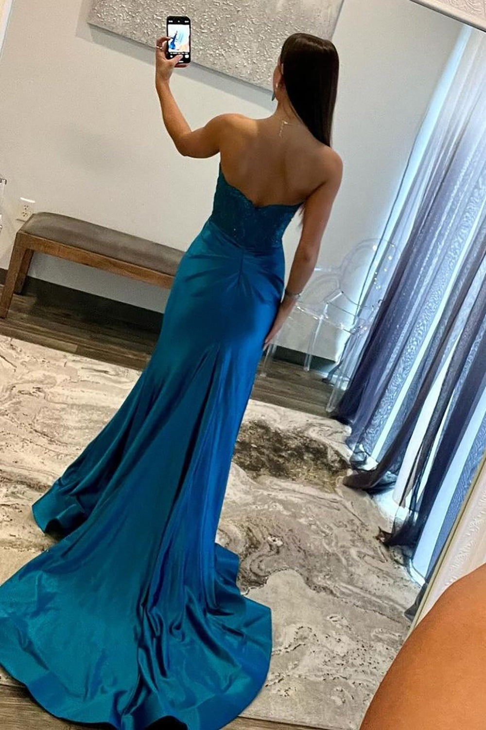 Navy Blue Sweetheart Mermaid Long Satin Prom Dresses