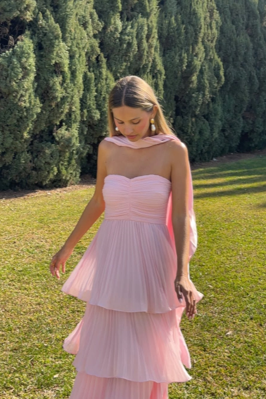 A Line Sweetheart Pink Long Chiffon Prom Dresses
