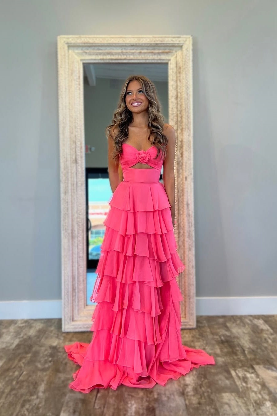 Royal Blue A-Line Strapless Long Tiered Chiffon Prom Dresses