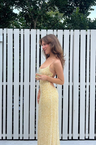 Stylish Sheath Spaghetti Straps Yellow Sequins Mermaid Long Prom Dress