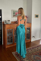 Sheath Halter Neck Yellow Satin Long Prom Dresses