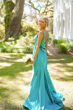 Simple Mermaid V Neck Green Satin Long Prom Dresses