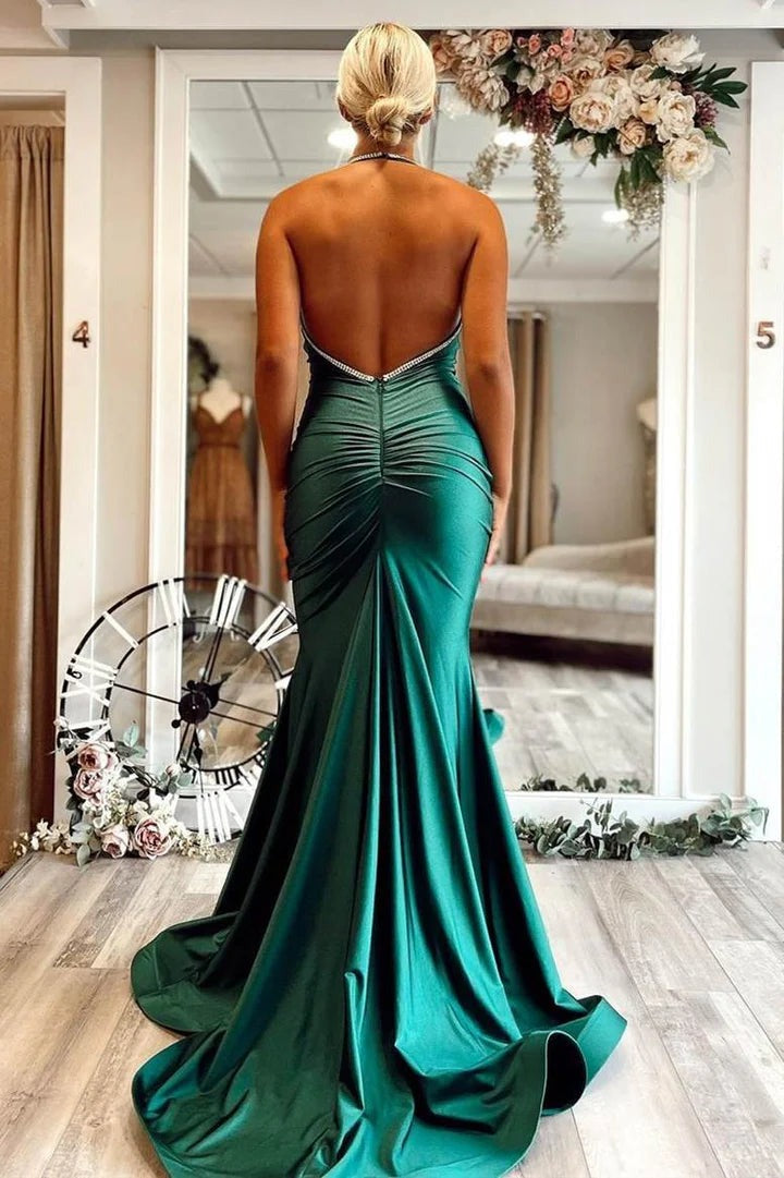 Robes de bal longues en satin bleu roi sirène dos nu