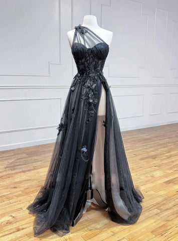 Black A Line Tulle one Shoulder Appliques Split Prom Dresses